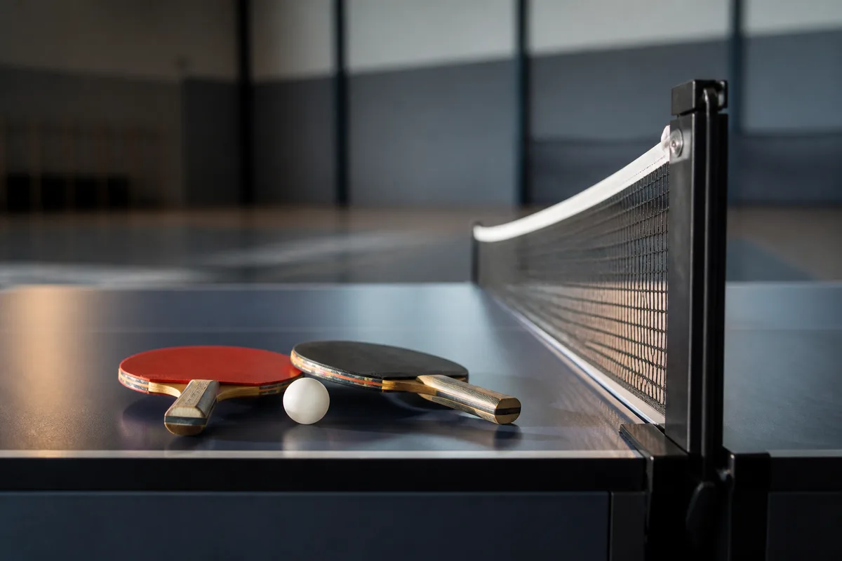 Table de tennis de table professionnelle vue de côté dans une salle de compétition