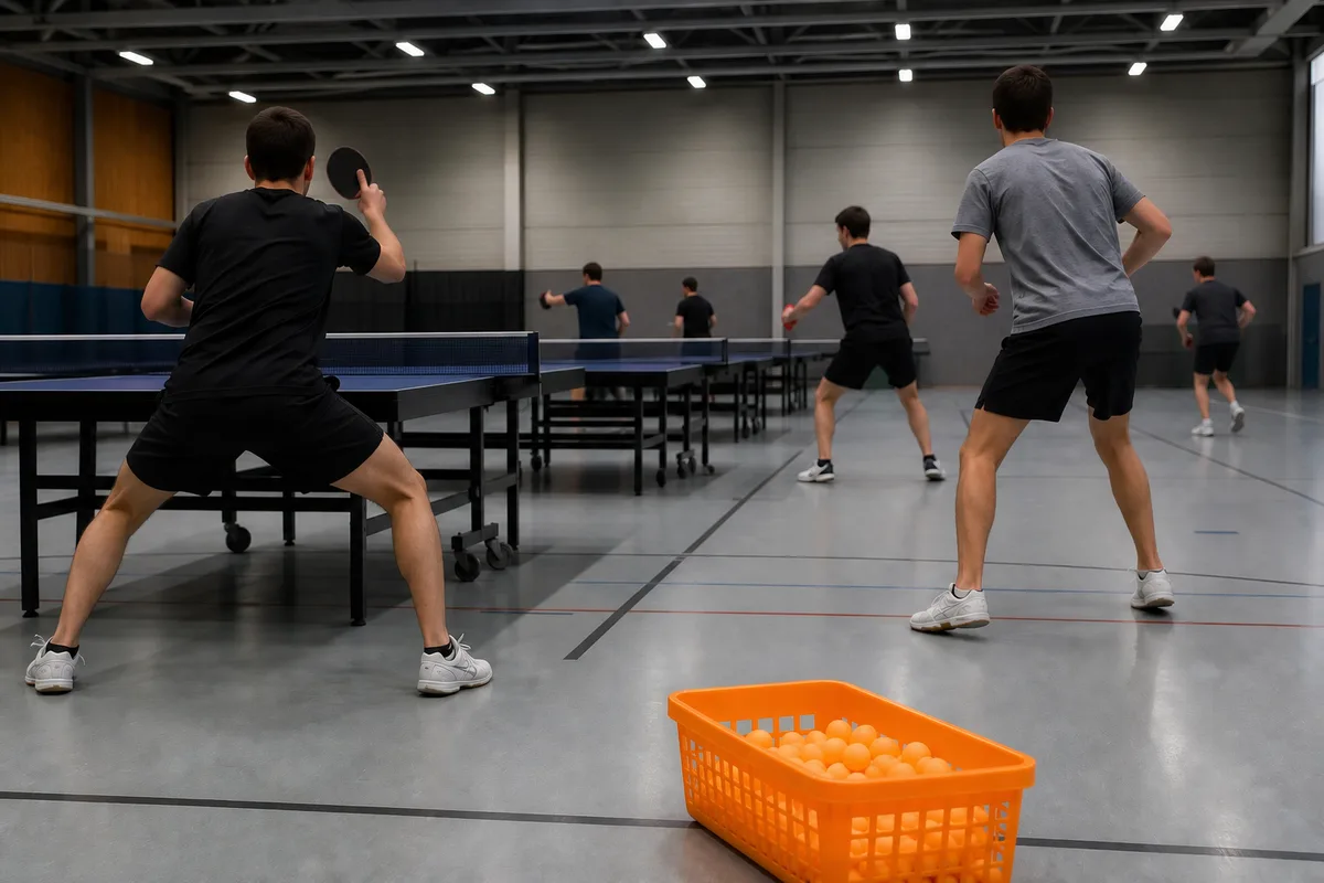 Jeunes joueurs à l&rsquo;entraînement au tennis de table dans un gymnase