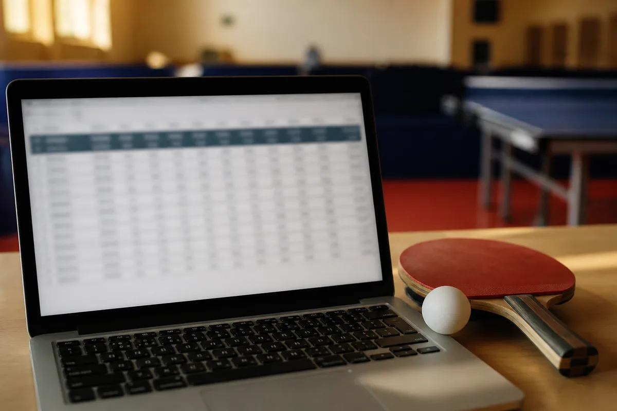 Écran affichant un tableau de résultats et de classement de tennis de table