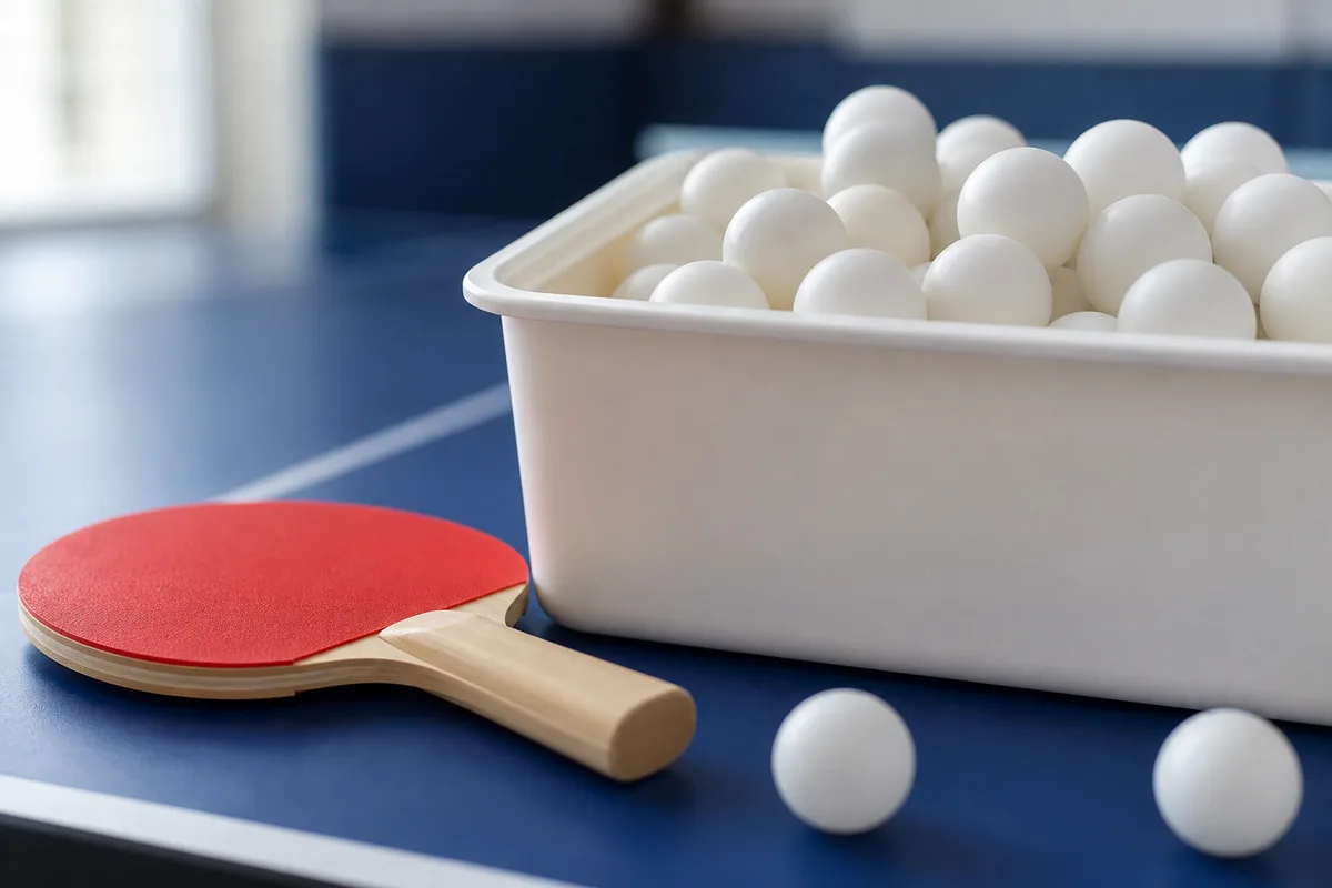 Bac de balles blanches de tennis de table posé au bord d&rsquo;une table bleue dans une salle de club