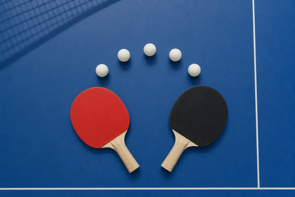 Table de tennis de table vue de haut avec deux raquettes et des balles disposées pour un exercice