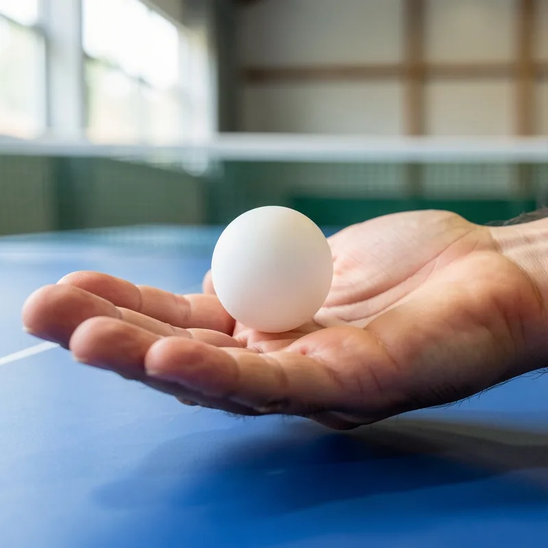 Main ouverte tenant une balle blanche de tennis de table au-dessus d’une table bleue