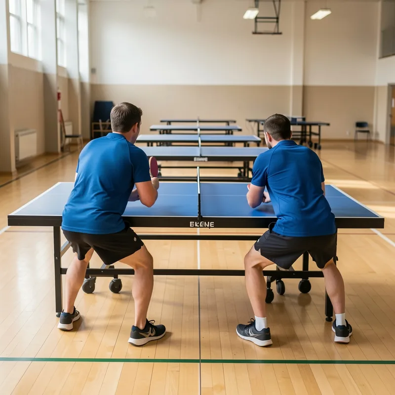 Deux joueurs de double au bord d’une table de tennis de table dans un gymnase
